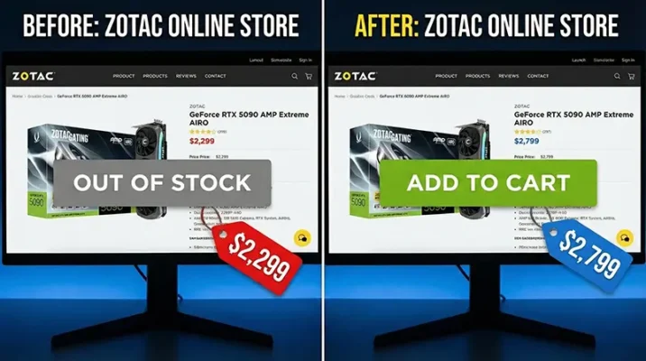 Before and after comparison of Zotac store prices showing 500 dollar markup on RTX 5090