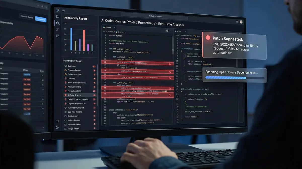 AI code scanning software dashboard used for automated bug hunting in open source code.