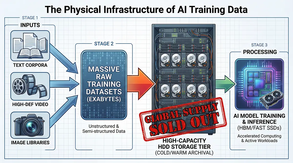 A technical diagram showing how massive volumes of artificial intelligence data are stored on high capacity HDDs, creating a severe bottleneck in the global AI supply chain.