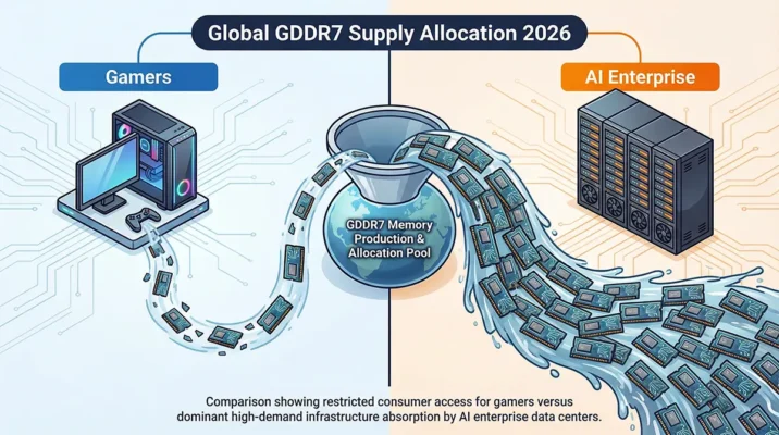 Infographic chart showing AI enterprise demand absorbing GDDR7 memory supply versus limited gamer availability.