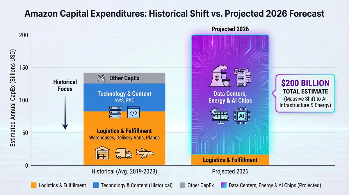 Stacked bar chart comparing Amazon's past logistics spending to its new $200 billion capital expenditures in artificial intelligence infrastructure.