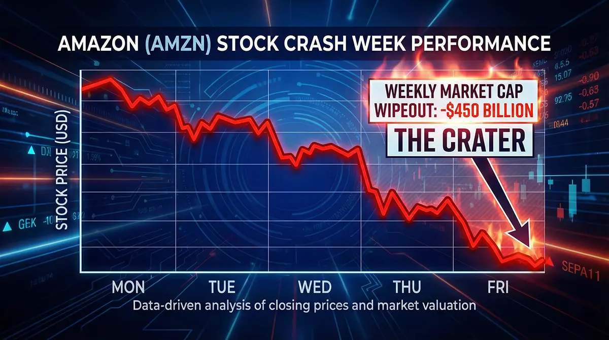 Amazon stock price chart showing a steep decline, wiping out $450 billion in market value as Wall Street reacts to AI spending.