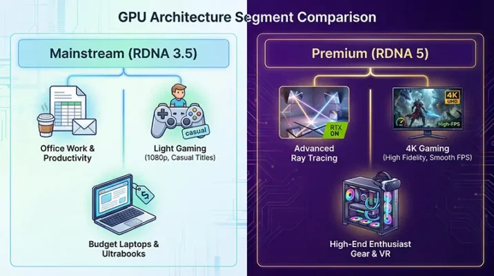 Comparison chart showing AMD RDNA 3.5 mainstream vs RDNA 5 premium graphics architecture strategy.