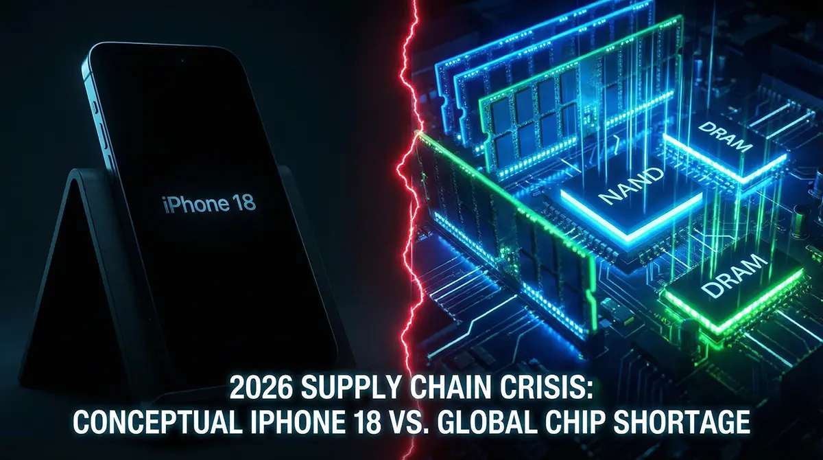 Apple iPhone 18 conceptual render next to glowing smartphone memory chips illustrating the 2026 supply chain crisis.