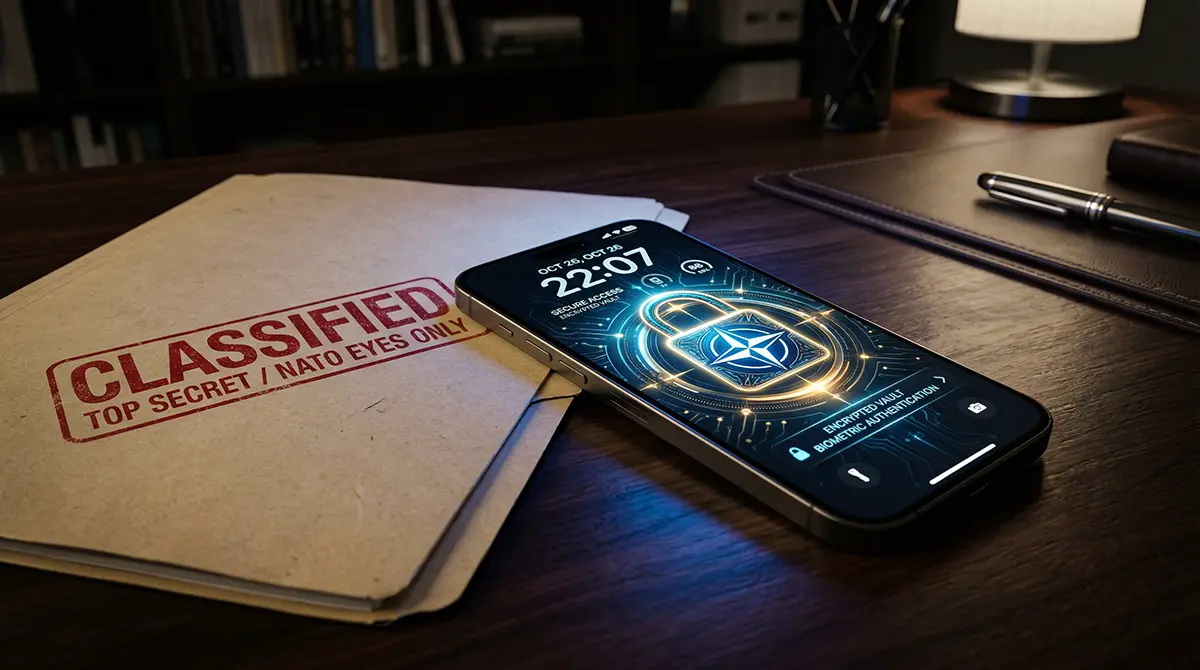 A modern Apple iPhone displaying a glowing NATO security lock next to a classified intelligence folder, representing its new military-grade clearance.