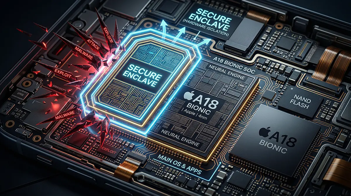 3D technical diagram of the Apple iPhone's internal processor, highlighting the isolated Secure Enclave chip blocking cyber threats.