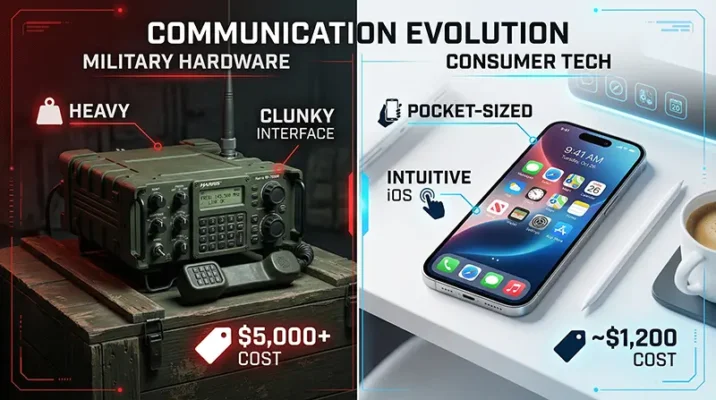 Split-screen infographic comparing a $5,000 bulky military radio terminal with a $1,200 sleek, NATO-certified Apple iPhone.