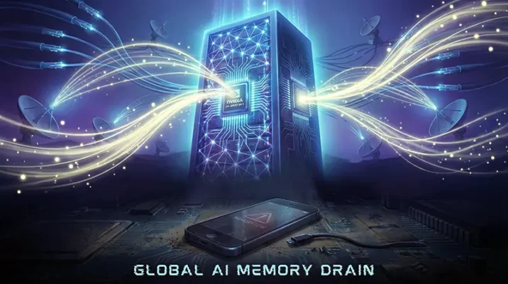 Artificial intelligence server racks absorbing global memory supply, causing a mobile smartphone component shortage.