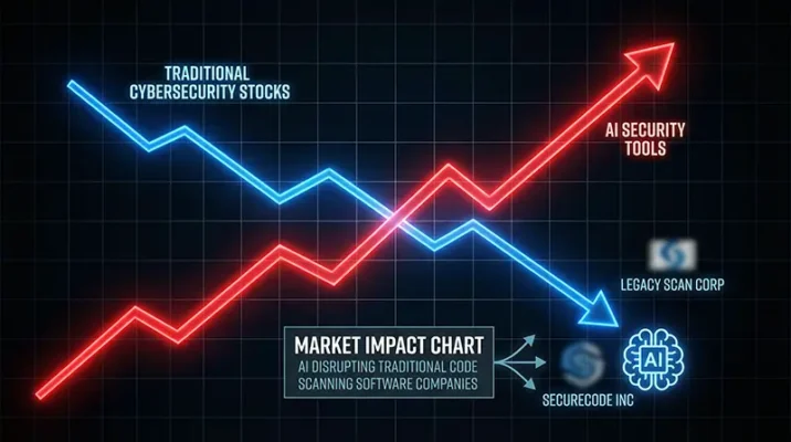 Market impact chart showing an automated cybersecurity shield disrupting traditional code scanning software companies.