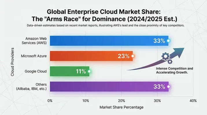Pie chart displaying global enterprise cloud computing market share, highlighting the fierce competition between Amazon Web Services (AWS) and Microsoft Azure.