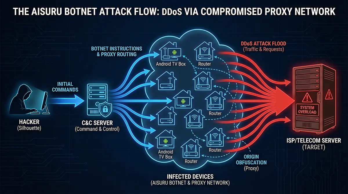Diagram illustrating how the Aisuru botnet uses compromised Android TV boxes and proxy networks to launch DDoS attacks.