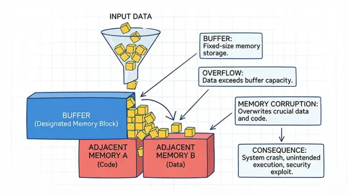 Technical diagram explaining how buffer overflow flaws and memory corruption occur in software applications.