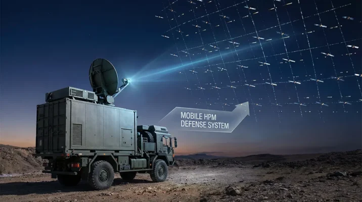 Concept art of the China Starlink killer TPG1000Cs mobile jammer truck aiming at a SpaceX satellite constellation in low earth orbit.
