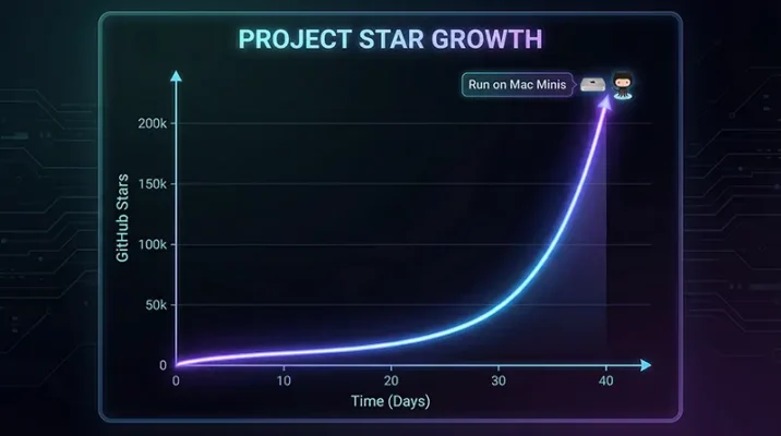 GitHub star growth chart for Clawdbot AI agent reaching over 200,000 stars in record time.