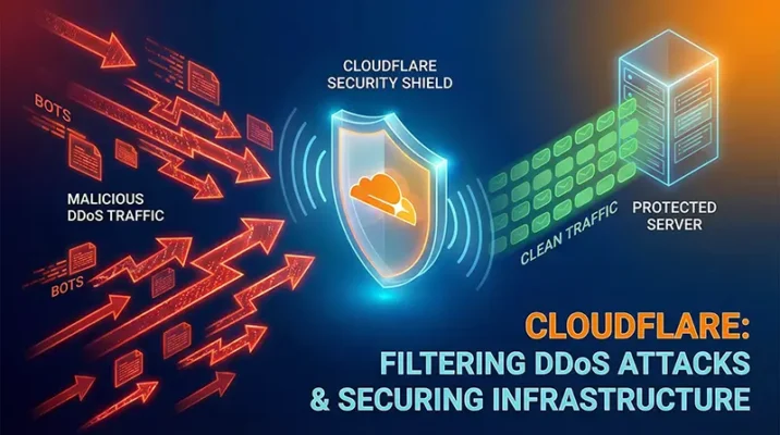 Illustration of Cloudflare security systems filtering malicious DDoS traffic and protecting network infrastructure.