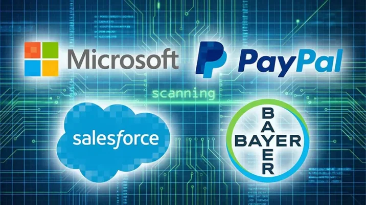 Logos of major Fortune 500 companies including Microsoft, PayPal, Salesforce, and Bayer that utilize AI hiring systems and match scores.