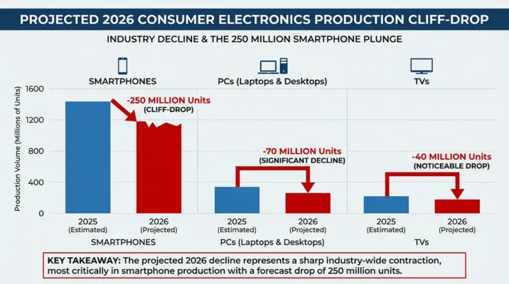AI Memory Crisis: Why Devastating Tech Industry Bankruptcies Will Reshape 2026 7 Chart showing the 2026 consumer electronics industry decline and 250 million smartphone production drop.