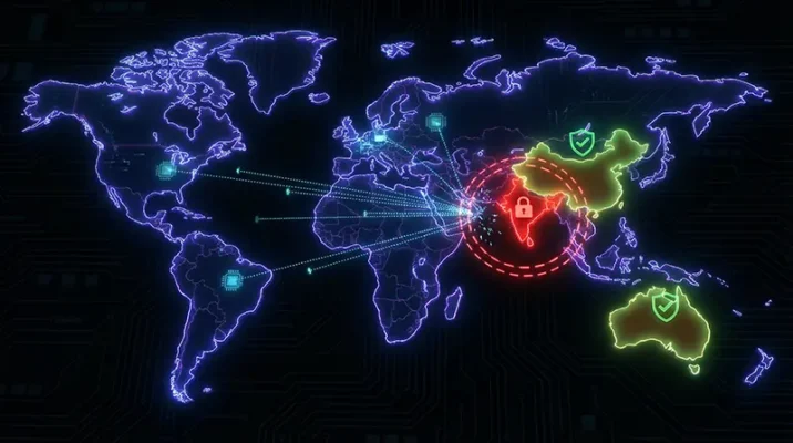 A world map highlighting the cross border geofencing used to deny global tech support for boxed microprocessors in South Asia.