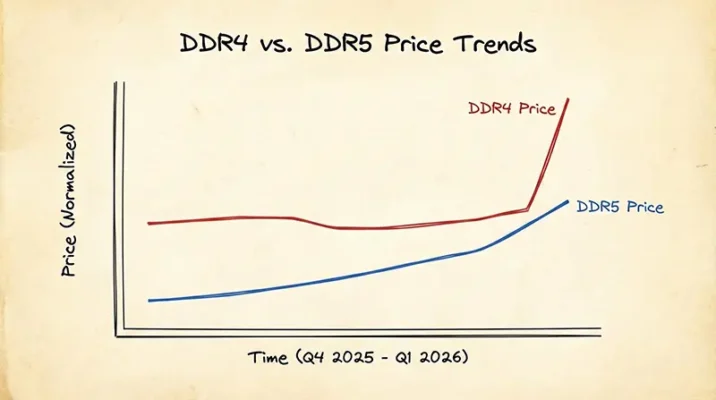 Graph showing the vertical price spike of DDR4 RAM compared to DDR5 from 2025 to 2026.