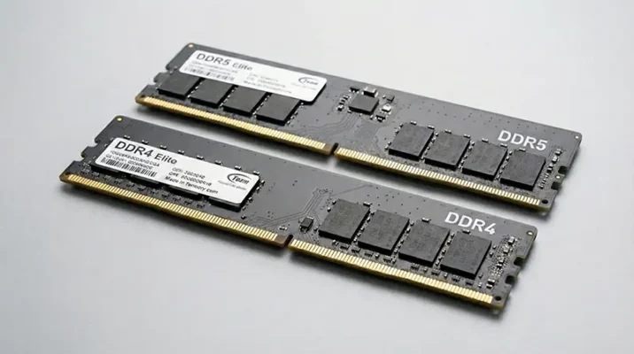 Side by side physical comparison of DDR4 vs DDR5 RAM sticks for budget PC building.