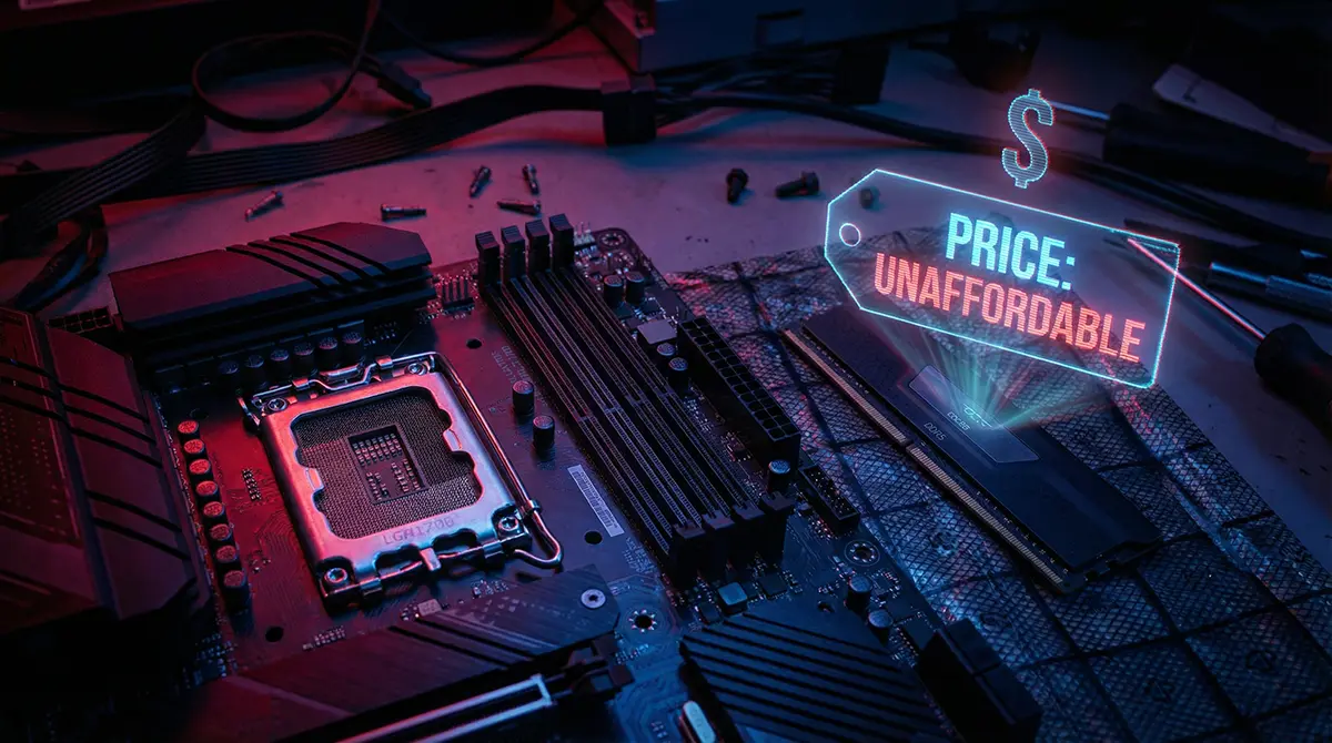 Half-built custom PC motherboard highlighting the devastating PC building crash of 2026 due to skyrocketing AI component taxes.