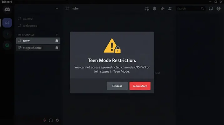 Discord teen mode interface displaying a locked NSFW channel and stage ban restrictions due to missing age verification.
