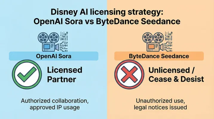 An infographic chart illustrating Disney's AI strategy: A green checkmark for the "Licensed Partner" OpenAI Sora, and a red X for the "Unlicensed Foe" ByteDance Seedance.