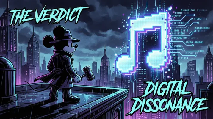 A noir-style illustration of a detective-like mouse character holding a judge's gavel on a rainy rooftop, looking at a digital glowing music note made of binary code with the text The Verdict and Digital Dissonance.