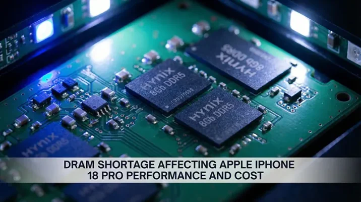 Close up of high performance DRAM memory chip required for Apple Intelligence on iPhone 18