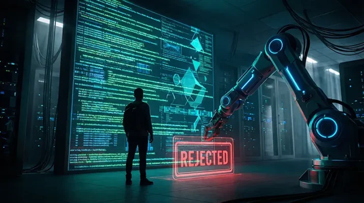 Concept art for the 2026 Eightfold AI lawsuit showing an artificial intelligence robot rejecting a job seeker's resume with a digital red stamp.