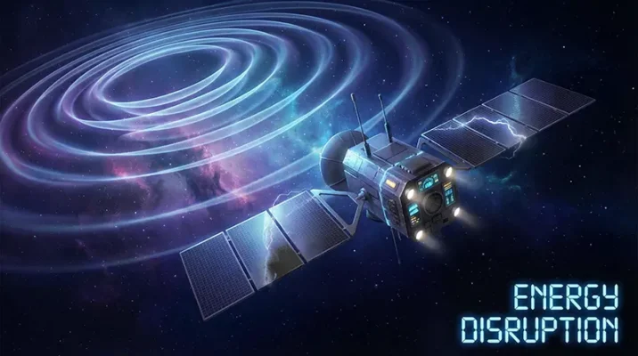 Illustration of electronic space warfare showing invisible microwave pulses disabling a satellite without physical impact.