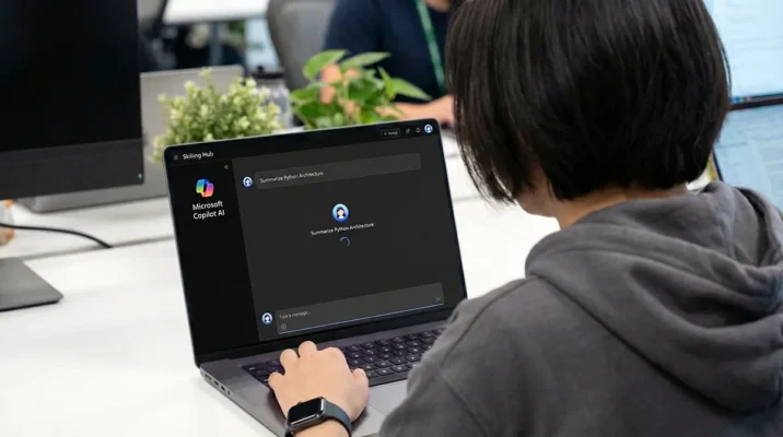 A close-up of a software engineer's laptop screen displaying the "Skilling Hub" interface, with a prompt asking Microsoft Copilot AI to summarize Python architecture.