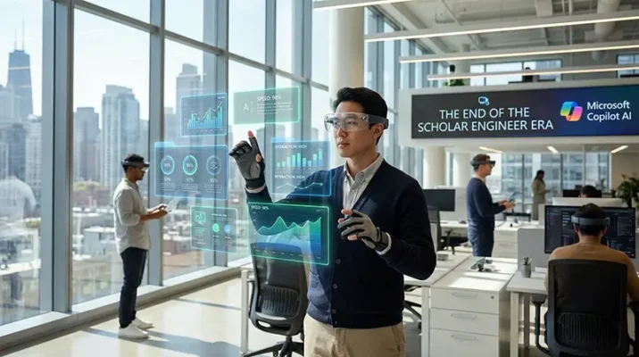 A futuristic office setting where an employee interacts with fast-moving holographic data interfaces, emphasizing speed over depth in the future of work.