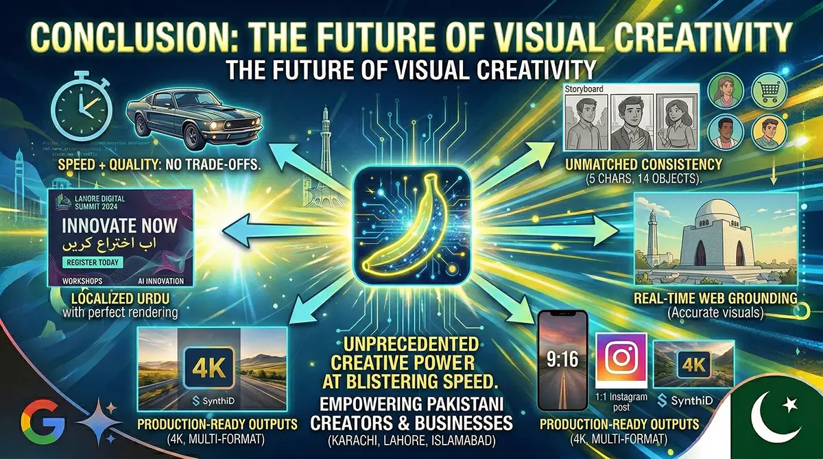 Summary graphic depicting the future of visual creativity with Nano Banana 2, empowering creators with speed, quality, and real-time grounding.