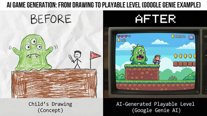 A side-by-side view of a child's crayon drawing of a monster and the resulting animated, playable character in a virtual world generated by Google Genie.