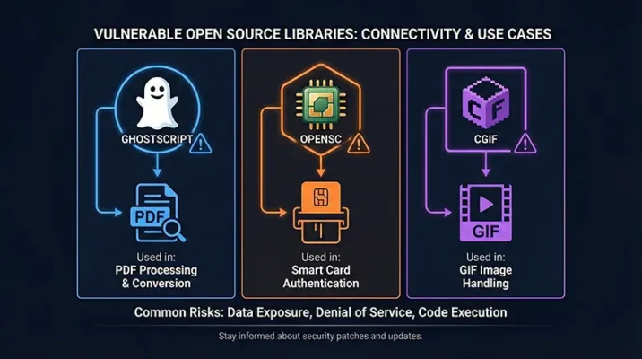 Logos and icons of vulnerable open source libraries including Ghostscript, OpenSC, and CGIF.