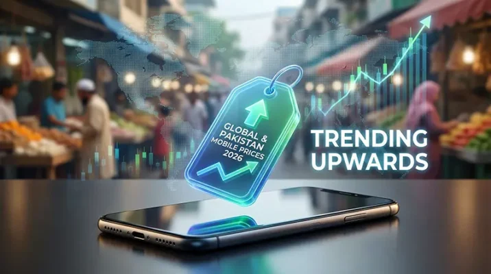 Rising digital graph showing the potential increase in global and Pakistan mobile prices for the 2026 smartphone market.