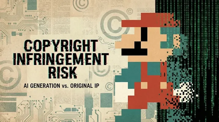 A classic pixelated video game character resembling Mario dissolving into binary code glitches, symbolizing the copyright infringement risks of AI-generated games.