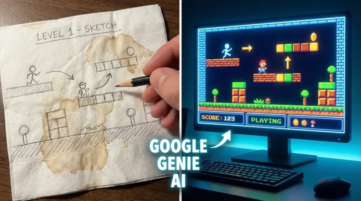 A split-screen comparison showing a hand-drawn sketch of a game level on a napkin transforming into a fully playable 2D platformer video game using Google Genie AI.