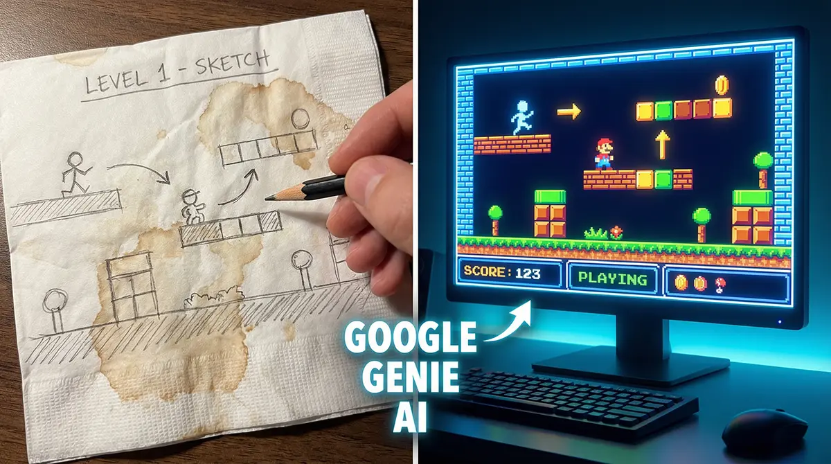 A split-screen comparison showing a hand-drawn sketch of a game level on a napkin transforming into a fully playable 2D platformer video game using Google Genie AI.