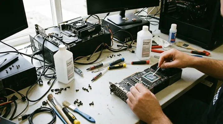 Technician cleaning and repasting a graphics card for maintenance to extend its lifespan.