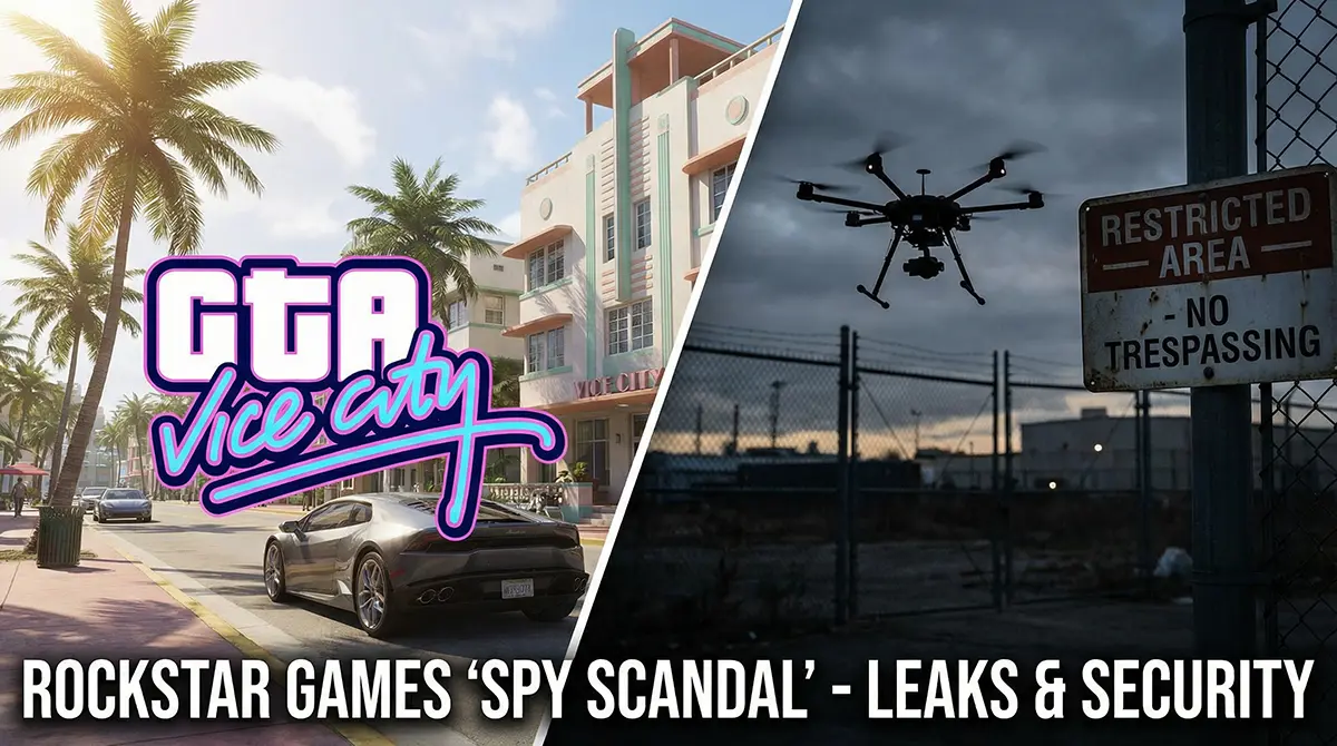 GTA 6 logo and drone silhouette representing the Rockstar Games spy scandal