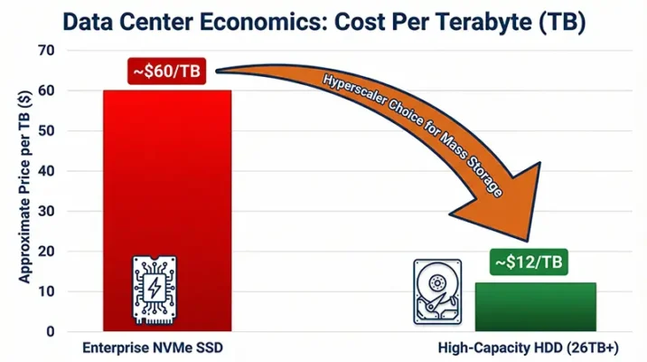 A bar chart comparing the high cost of Enterprise SSDs to the low cost of traditional hard disk drives, explaining the underlying economics of the cheap storage end.