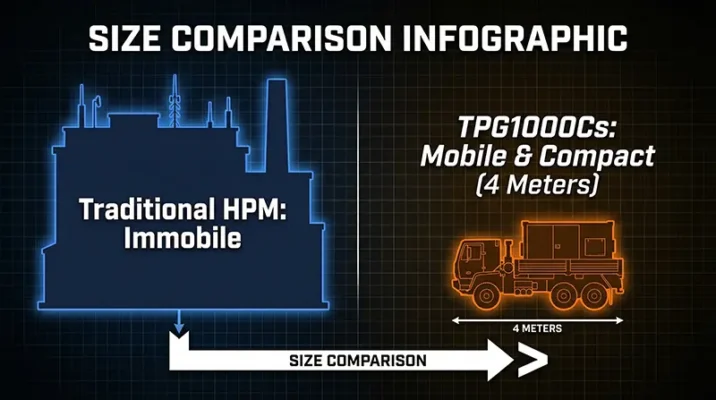 Infographic comparing a traditional building-sized high power microwave system to the compact TPG1000Cs truck mounted weapon.