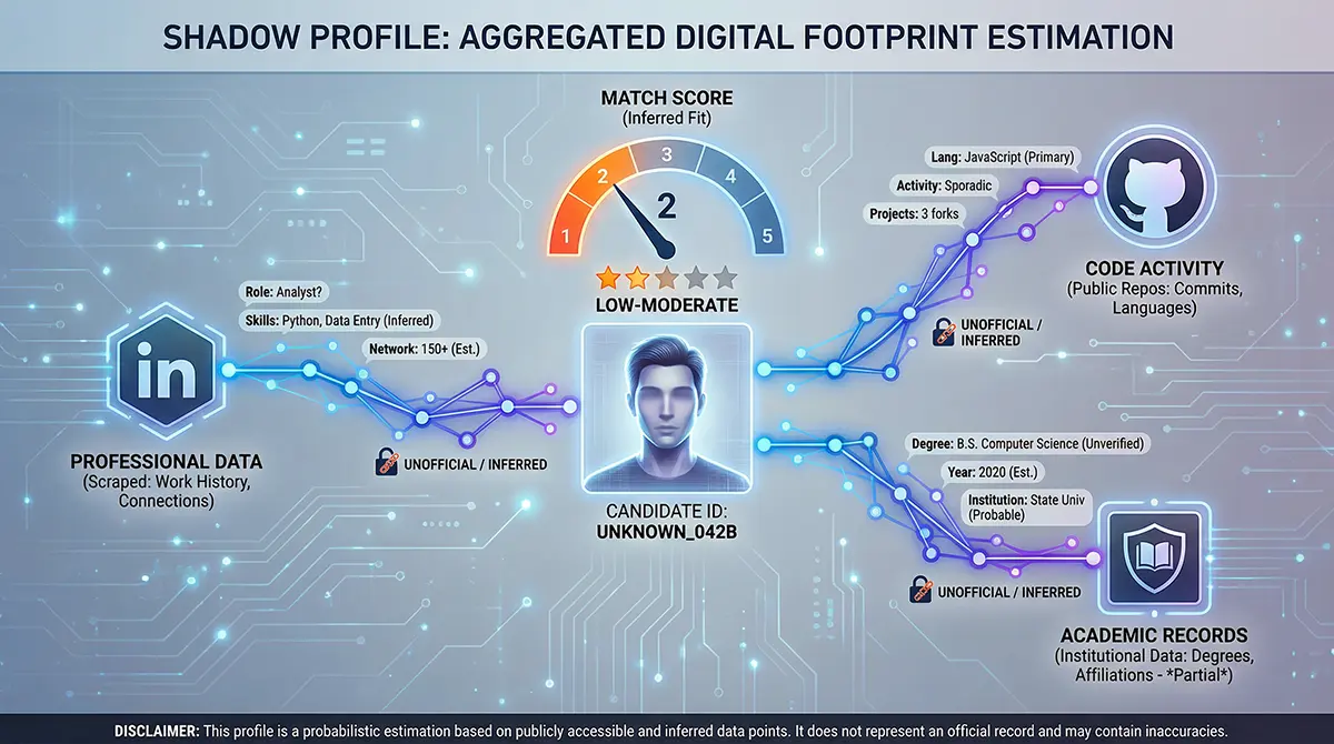 Infographic explaining how Eightfold AI calculates a candidate's Match Score by scraping data from LinkedIn, GitHub, and social media to build a shadow profile.