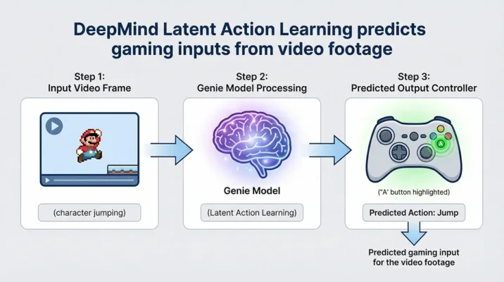 A flowchart diagram explaining Latent Action Learning, showing how the AI model observes raw gameplay video and infers controller inputs like jump, left, and right without code.