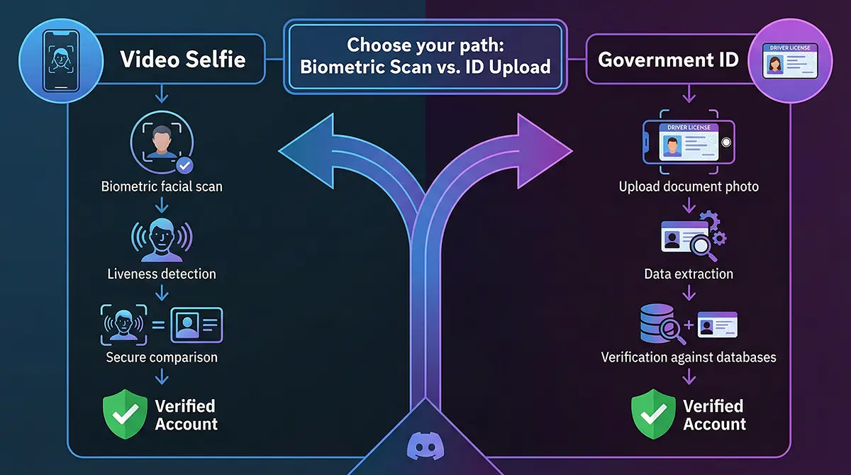 Infographic comparing how to remove Discord restrictions using facial age estimation video selfie versus government ID upload.
