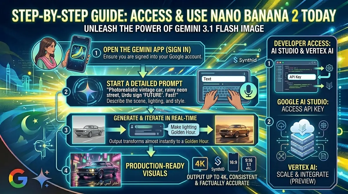 A 4-step guide on how to access and use Nano Banana 2 through the Gemini App and Developer APIs like Vertex AI.