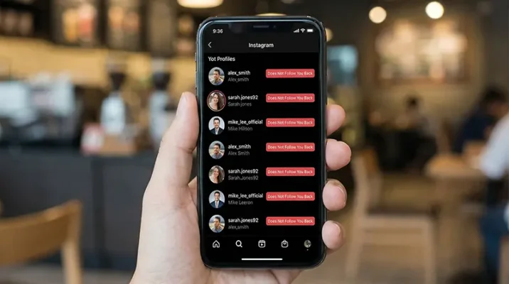 Instagram non-follower insights tool displaying a list of users who do not follow you back on the profile screen.