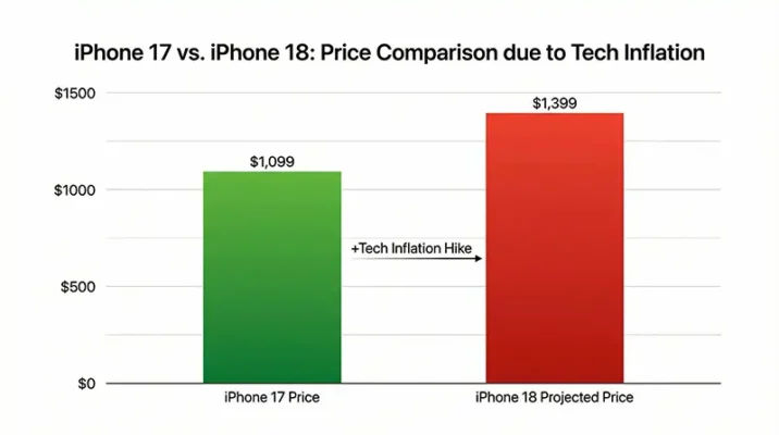 Bar chart comparing iPhone 17 launch price versus projected iPhone 18 price hike 2026